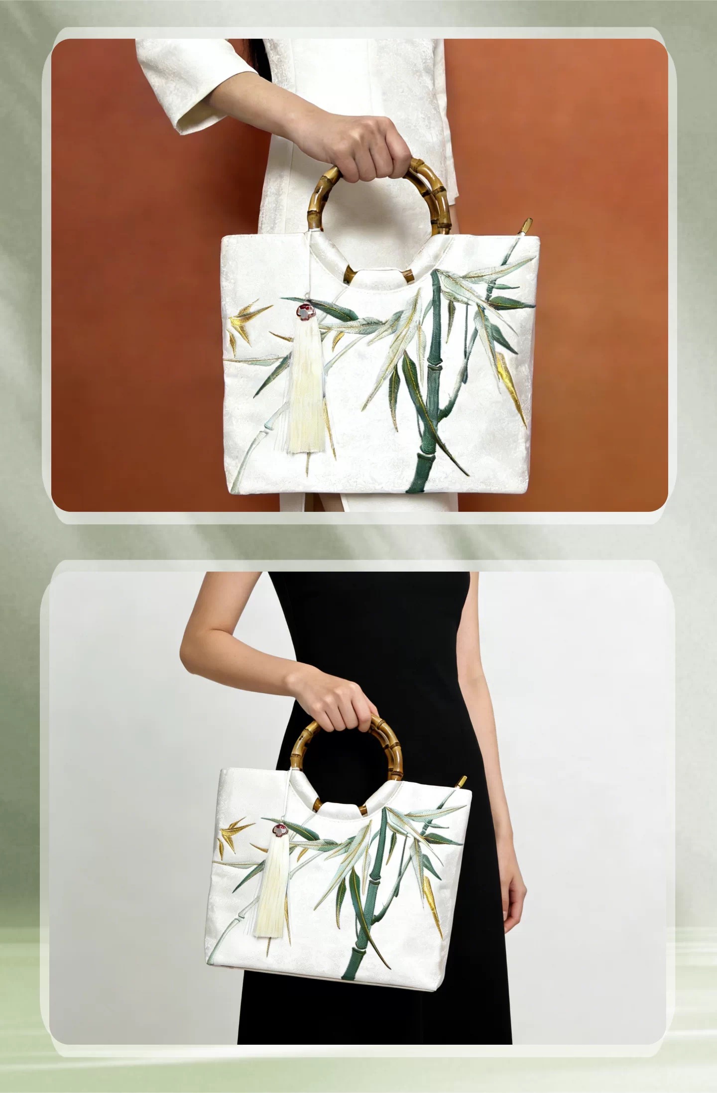 Bamboo Handle Embroidered Tote Bag thumbnail 6